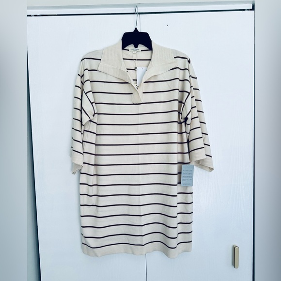 Max Studio Johnny collar striped knit dress color off white caramel small - Picture 7 of 13
